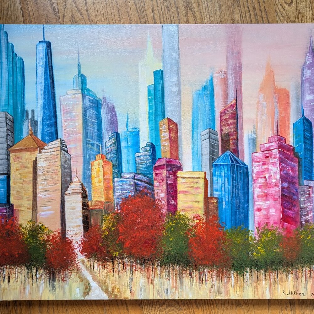 Original Colorful Acrylic Painting New York City Skyline From Central Park 30x24 - Picture 10 of 14